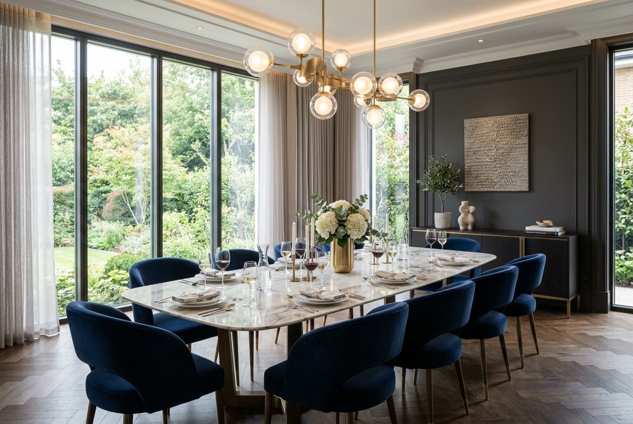 Warm Marble-Top Dining Area